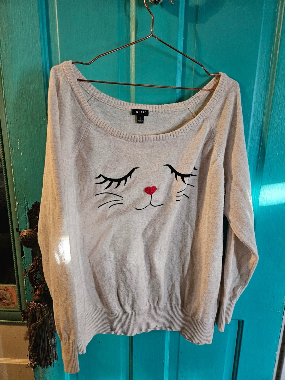 torrid Cream Off-the-Shoulder Cat Face Sweater with Red Nose